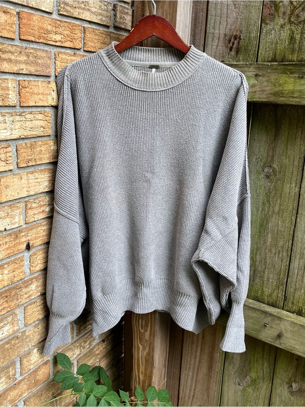 Free People Oversized Ribbed Crewneck Sweater — Light Gray